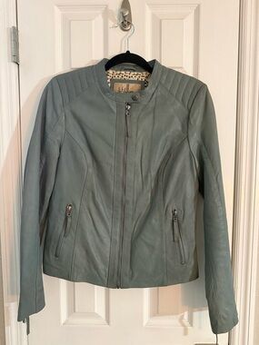 Women's Light Blue Leather Moto Jacket